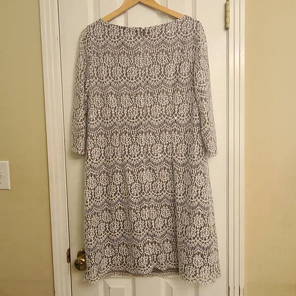 Jessica Howard Cream Beige Sequin Crochet Lace Overlay Lined Shift Dress Size 16 - Picture 3 of 10